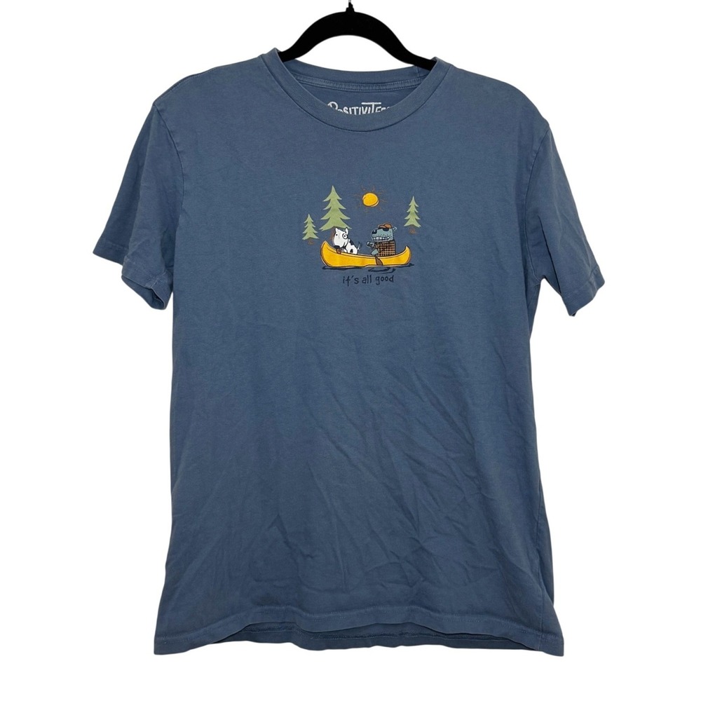 Positivitees Its All‎ Good Dog Bear Canoe Graphic Tee Blue Cotton Shirt Womens M